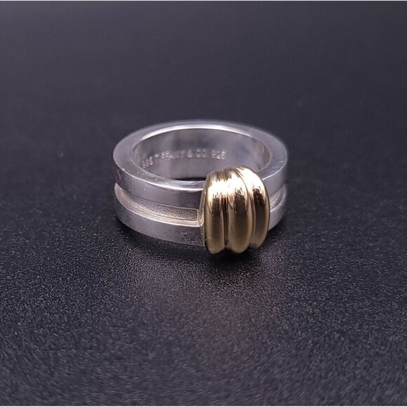 Tiffany & Co Vintage Sterling Silver 18kt Yellow Gold Atlas Groove Ring Size 5 - Picture 2 of 9